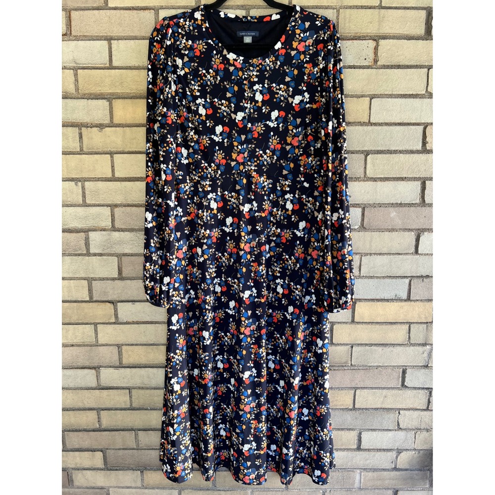 Tommy Hilfiger Navy Floral Long Sleeve Midi Dress Size 12 Large Jersey Stretch